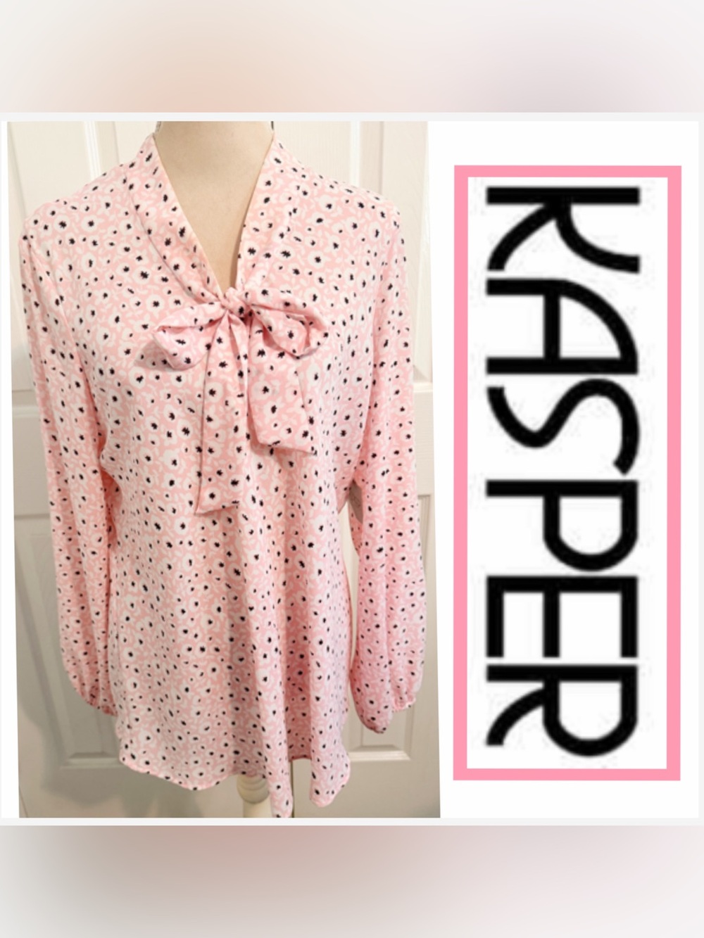 NWT Kasper, Tutu Pink Printed Tie-Neck, Long Sleeve Blouse